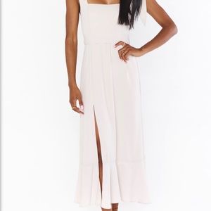 Show me your mumu - garden midi dress in ivory luxe satin.